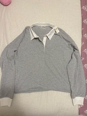 Aerie Rugby Style Collared Gray & White Cropped Long Sleeve NWT